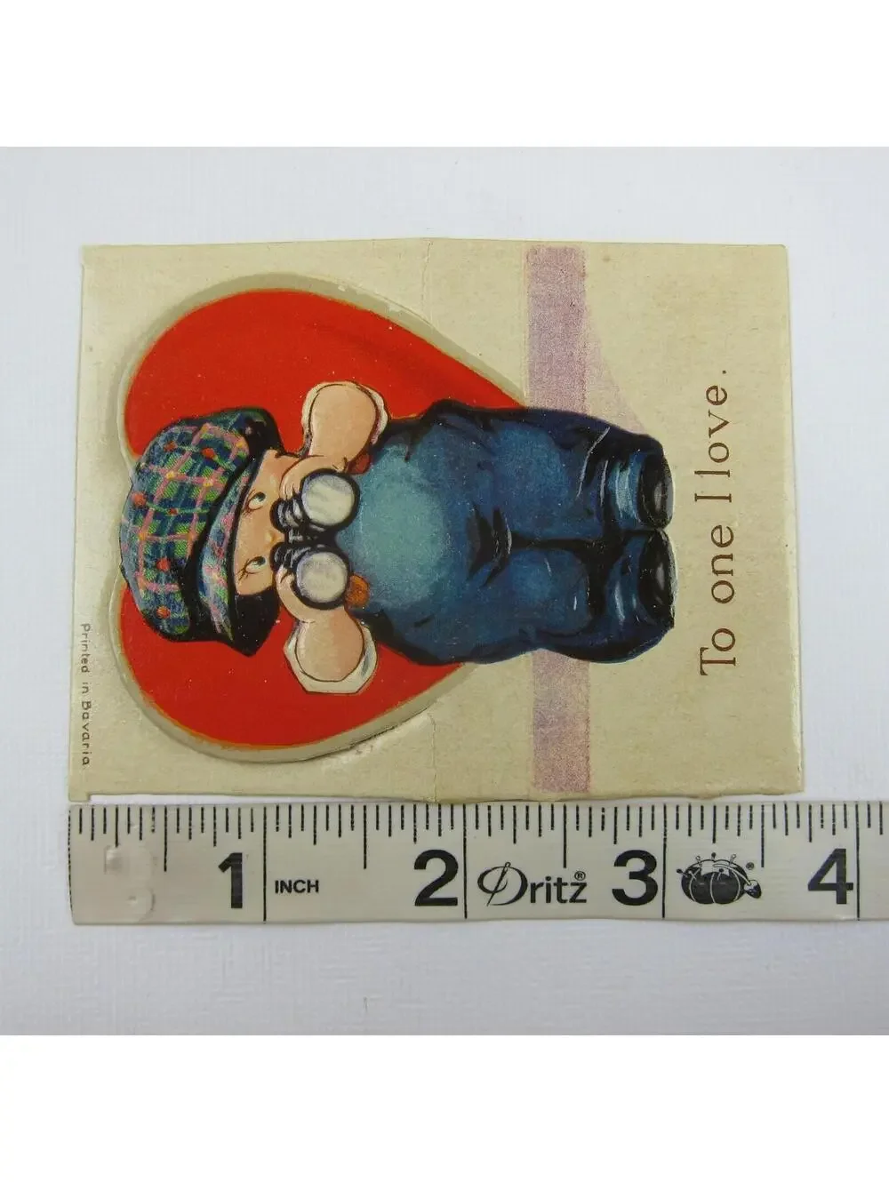 Vintage Valentine Card Cutout Stand Up Boy Binoculars Plaid Hat Overall UNSIGNED